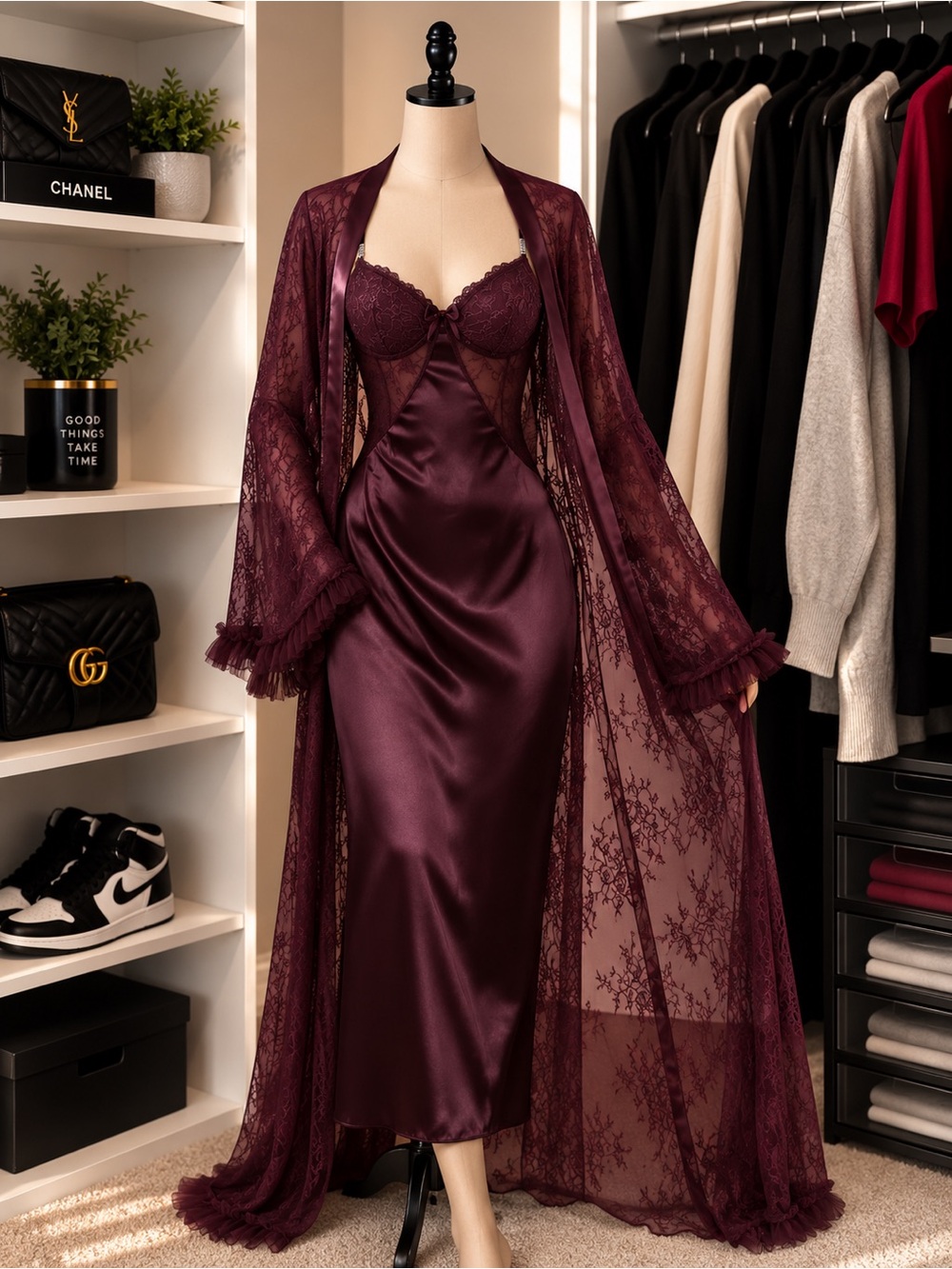 Burgundy 2-Piece Satin Nightgown & Sheer Lace Robe Set